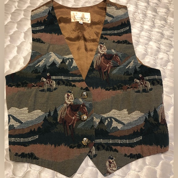 Vintage Jackets & Blazers - Vintage Western Tapestry Vest Conterio Small | Cowboy Ranch | 90s Cotton Blend